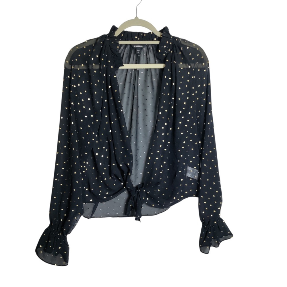 Express Womens Black Gold Foil Polka Dot Sheer Tie Front Ruffle Blouse Small